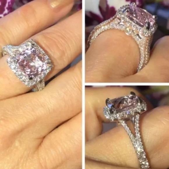 NEW 5 Carat Pink Topaz Diamond Halo Engagement Ring - Picture 3 of 3